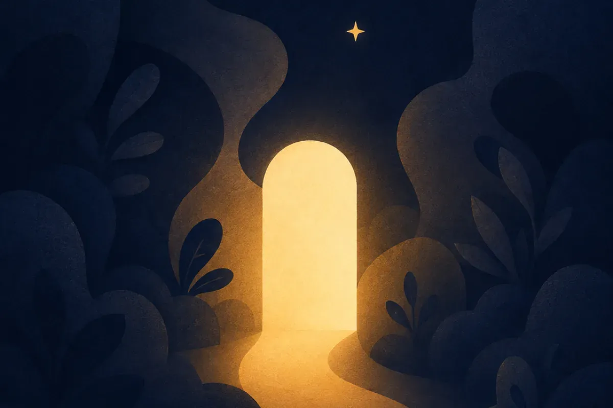 Porta luminosa che si apre in mezzo a forme scure e arrotondate