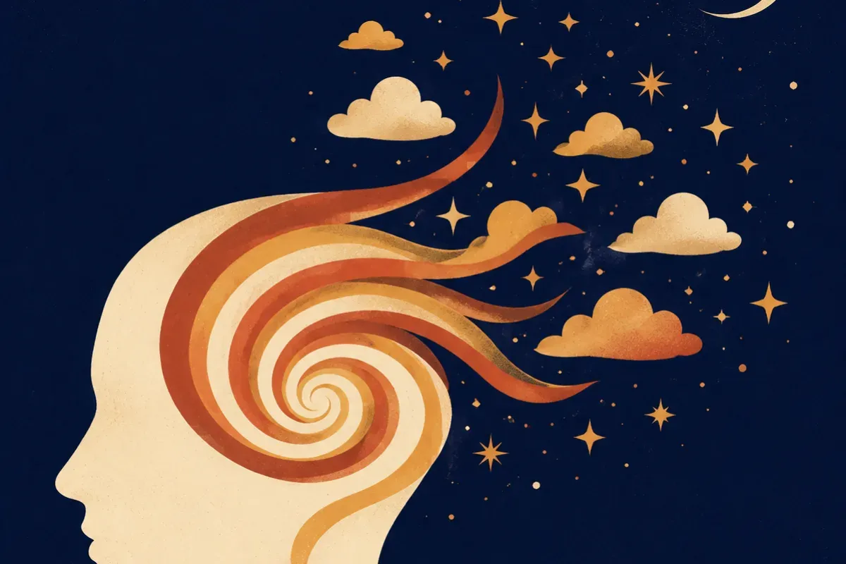 Profilo umano stilizzato da cui esce una spirale di nuvole e stelle