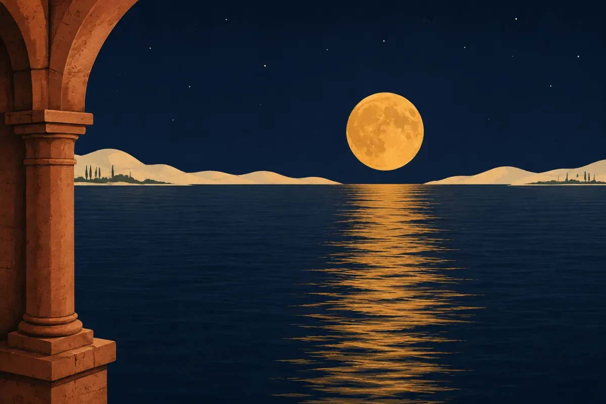Luna piena bassa sul mare, con il suo lungo riflesso sull'acqua