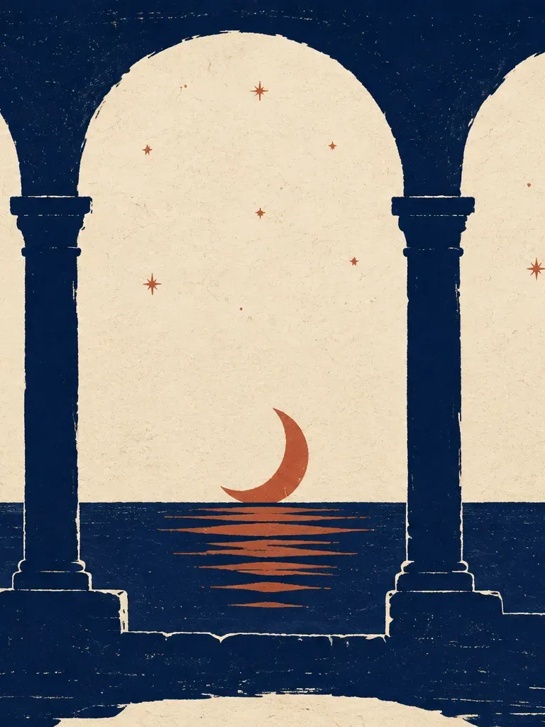Notte mediterranea vista attraverso un arco di pietra, con la luna sul mare