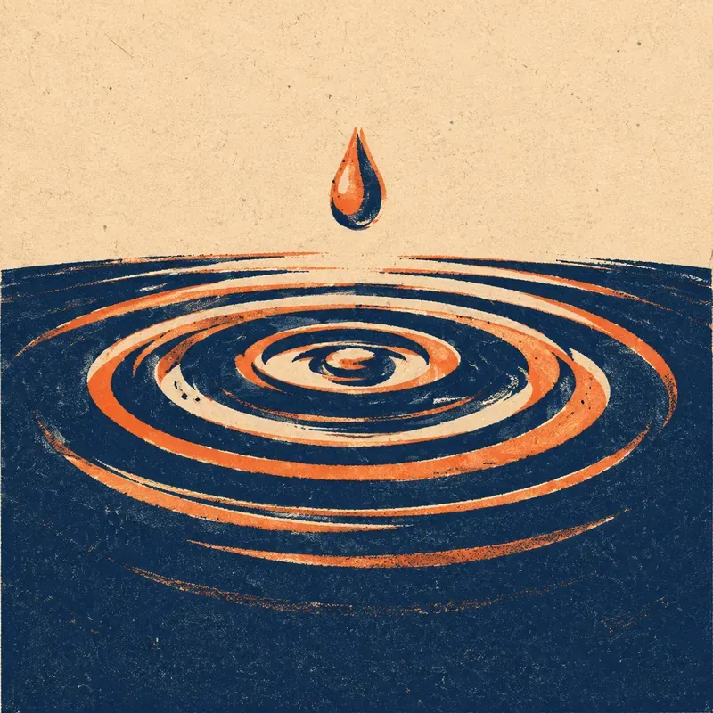 Illustrazione: cerchi concentrici su un bacino d'acqua scura sotto una goccia che cade