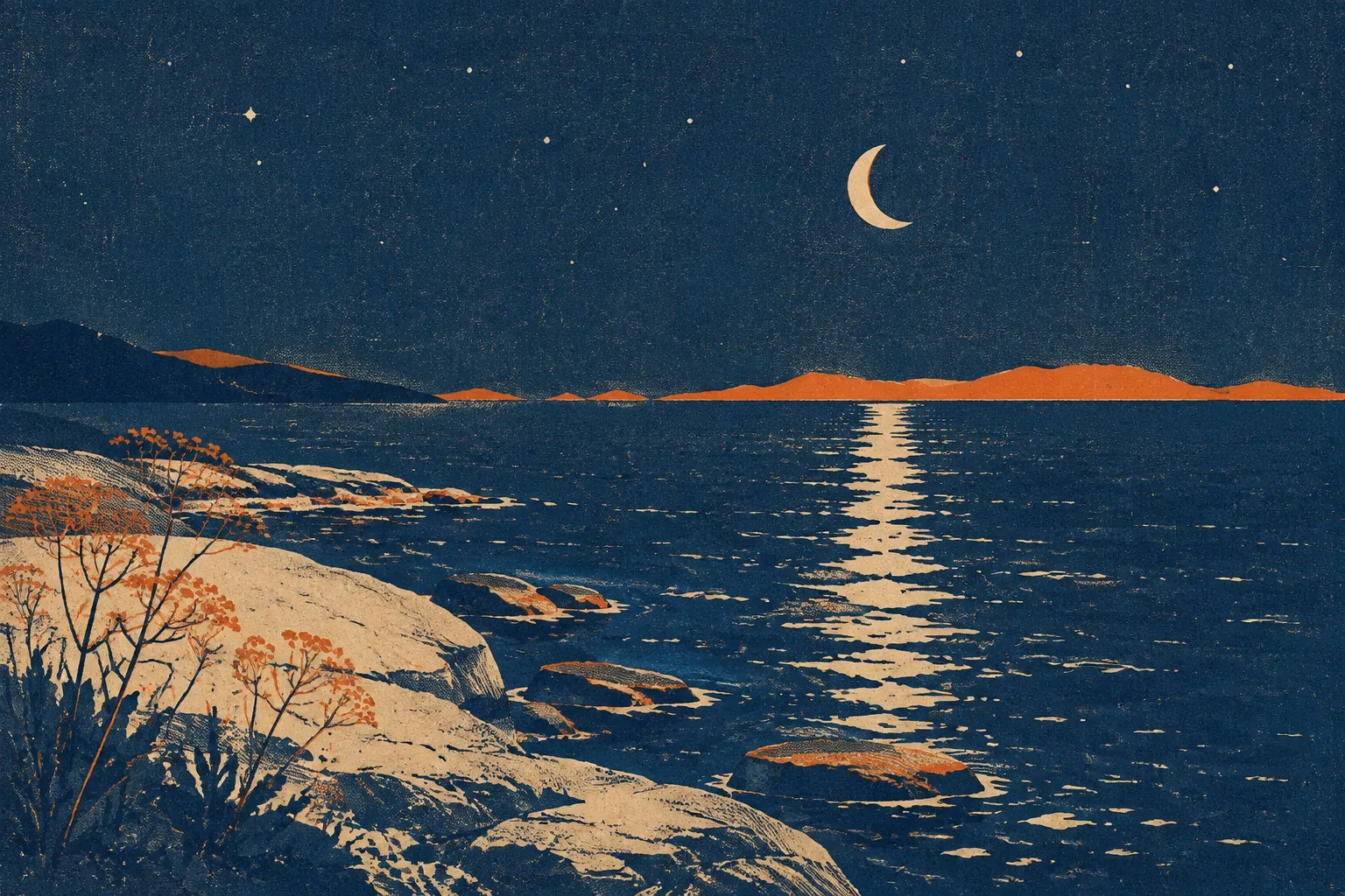 Illustrazione: mare notturno calmo sotto una falce di luna, con il riflesso sull'acqua