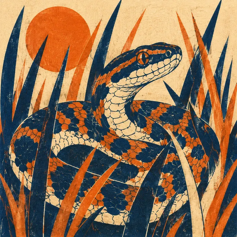 Illustrazione: serpente stilizzato acquattato fra fili d'erba alti